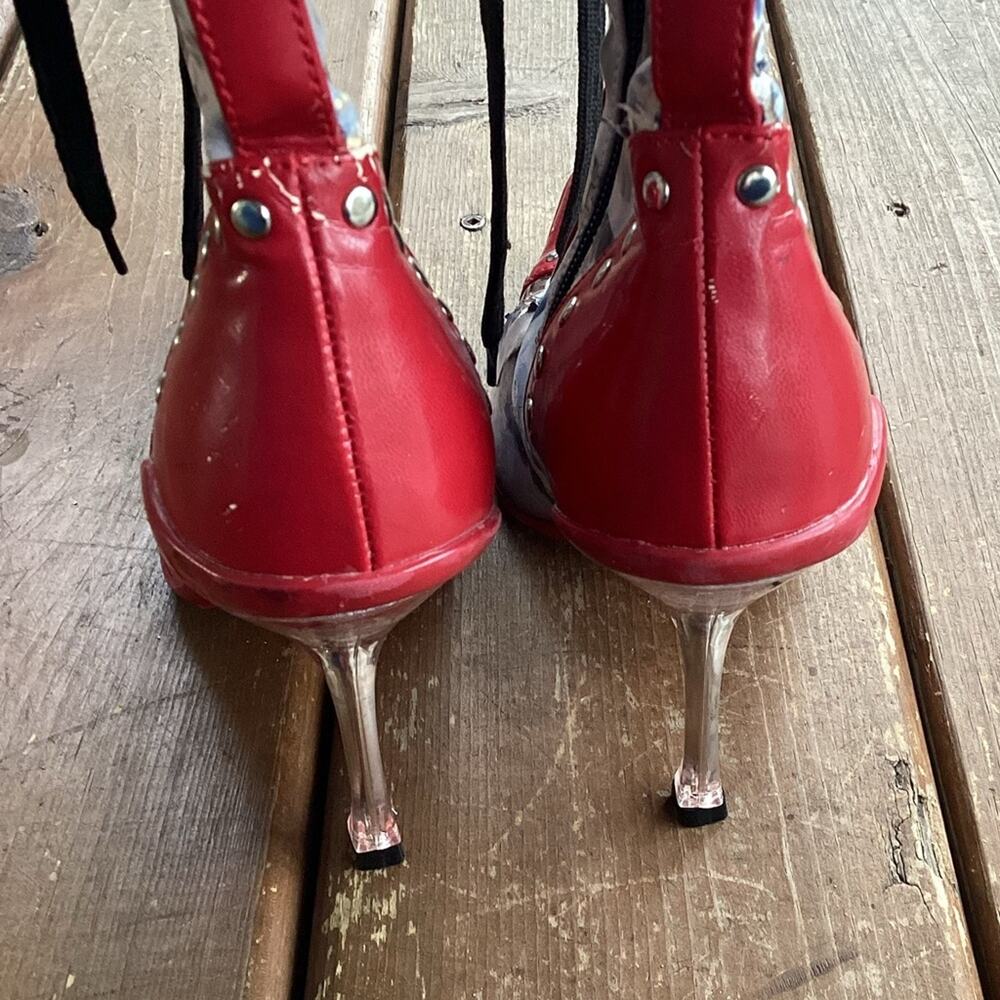 Y2K Red Stiletto Lace Up Pointy Ankle Graphic  Fredericks of Hollywood Boots 7.5 - Picture 6 of 8